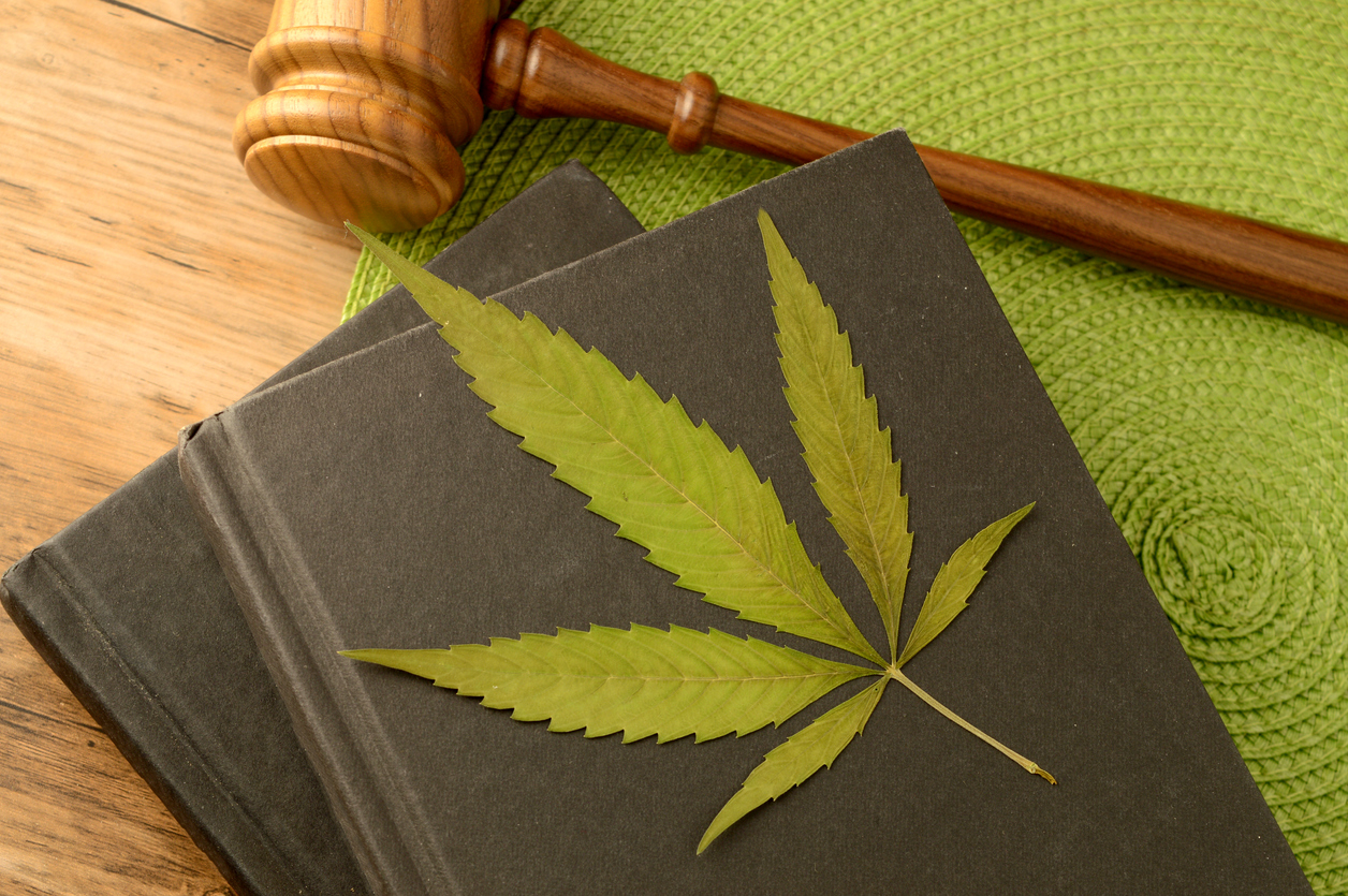 Marijuana leaf laying on a book next to a judge gavel. If you’re facing criminal charges related to marijuana, our team of marijuana crime defense lawyers can help.